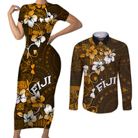 Fiji Masi With Hibiscus Tapa Tribal Couples Matching Short Sleeve Bodycon Dress and Long Sleeve Button Shirt Gold Version LT01 Gold - Polynesian Pride