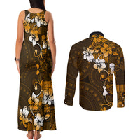 Fiji Masi With Hibiscus Tapa Tribal Couples Matching Tank Maxi Dress and Long Sleeve Button Shirt Gold Version LT01 - Polynesian Pride