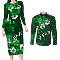 Fiji Masi Couples Matching Long Sleeve Bodycon Dress and Long Sleeve Button Shirt Fijian Hibiscus Tapa Green Version LT01 Green - Polynesian Pride