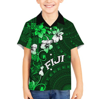 Fiji Masi Family Matching Off Shoulder Long Sleeve Dress and Hawaiian Shirt Fijian Hibiscus Tapa Green Version LT01 Son's Shirt Green - Polynesian Pride