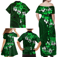 Fiji Masi Family Matching Off Shoulder Maxi Dress and Hawaiian Shirt Fijian Hibiscus Tapa Green Version LT01 - Polynesian Pride