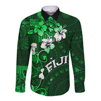 Fiji Masi Long Sleeve Button Shirt Fijian Hibiscus Tapa Green Version LT01 Unisex Green - Polynesian Pride