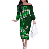 Fiji Masi Off The Shoulder Long Sleeve Dress Fijian Hibiscus Tapa Green Version LT01 Women Green - Polynesian Pride