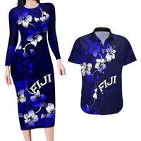 Fiji Masi Couples Matching Long Sleeve Bodycon Dress and Hawaiian Shirt Fijian Hibiscus Navy Blue Gold Version LT01 Blue - Polynesian Pride