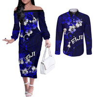 Fiji Masi Couples Matching Off The Shoulder Long Sleeve Dress and Long Sleeve Button Shirt Fijian Hibiscus Navy Blue Gold Version LT01 Blue - Polynesian Pride