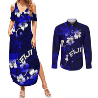 Fiji Masi Couples Matching Summer Maxi Dress and Long Sleeve Button Shirt Fijian Hibiscus Navy Blue Gold Version LT01 Blue - Polynesian Pride