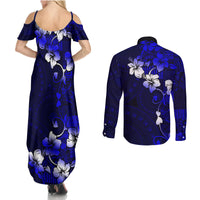 Fiji Masi Couples Matching Summer Maxi Dress and Long Sleeve Button Shirt Fijian Hibiscus Navy Blue Gold Version LT01 - Polynesian Pride