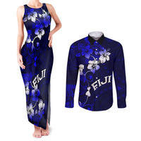 Fiji Masi Couples Matching Tank Maxi Dress and Long Sleeve Button Shirt Fijian Hibiscus Navy Blue Gold Version LT01 Blue - Polynesian Pride
