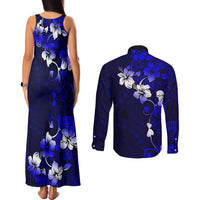 Fiji Masi Couples Matching Tank Maxi Dress and Long Sleeve Button Shirt Fijian Hibiscus Navy Blue Gold Version LT01 - Polynesian Pride