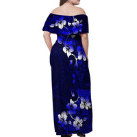 Fiji Masi Off Shoulder Maxi Dress Fijian Hibiscus Navy Blue Gold Version LT01 - Polynesian Pride