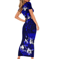 Fiji Masi Short Sleeve Bodycon Dress Fijian Hibiscus Navy Blue Gold Version LT01 - Polynesian Pride