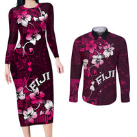 Fiji Masi Couples Matching Long Sleeve Bodycon Dress and Long Sleeve Button Shirt Fijian Hibiscus Tapa Pink Version LT01 Pink - Polynesian Pride