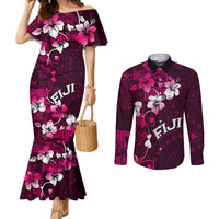 Fiji Masi Couples Matching Mermaid Dress and Long Sleeve Button Shirt Fijian Hibiscus Tapa Pink Version LT01 Pink - Polynesian Pride