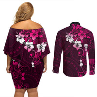 Fiji Masi Couples Matching Off Shoulder Short Dress and Long Sleeve Button Shirt Fijian Hibiscus Tapa Pink Version LT01 - Polynesian Pride