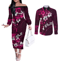 Fiji Masi Couples Matching Off The Shoulder Long Sleeve Dress and Long Sleeve Button Shirt Fijian Hibiscus Tapa Pink Version LT01 Pink - Polynesian Pride