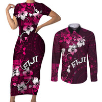 Fiji Masi Couples Matching Short Sleeve Bodycon Dress and Long Sleeve Button Shirt Fijian Hibiscus Tapa Pink Version LT01 Pink - Polynesian Pride