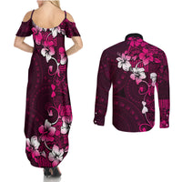 Fiji Masi Couples Matching Summer Maxi Dress and Long Sleeve Button Shirt Fijian Hibiscus Tapa Pink Version LT01 - Polynesian Pride