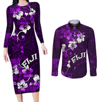 Fiji Masi Couples Matching Long Sleeve Bodycon Dress and Long Sleeve Button Shirt Fijian Hibiscus Tapa Purple Version LT01 Purple - Polynesian Pride