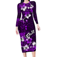 Fiji Masi Long Sleeve Bodycon Dress Fijian Hibiscus Tapa Purple Version LT01 Long Dress Purple - Polynesian Pride