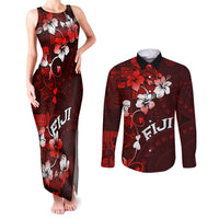 Fiji Masi Couples Matching Tank Maxi Dress and Long Sleeve Button Shirt Fijian Hibiscus Tapa Red Version LT01 Red - Polynesian Pride