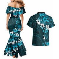 Fiji Masi Couples Matching Mermaid Dress and Hawaiian Shirt Fijian Hibiscus Tapa Sky Blue Version LT01 - Polynesian Pride