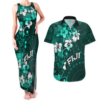 Fiji Masi Couples Matching Tank Maxi Dress and Hawaiian Shirt Fijian Hibiscus Tapa Turquoise Version LT01 Turquoise - Polynesian Pride