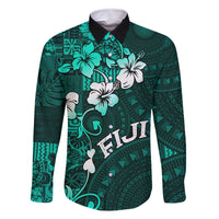 Fiji Masi Family Matching Off Shoulder Short Dress and Hawaiian Shirt Fijian Hibiscus Tapa Turquoise Version LT01 Dad's Shirt - Long Sleeve Turquoise - Polynesian Pride