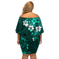 Fiji Masi Family Matching Off Shoulder Short Dress and Hawaiian Shirt Fijian Hibiscus Tapa Turquoise Version LT01 - Polynesian Pride