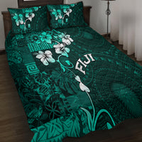 Fiji Masi Quilt Bed Set Fijian Hibiscus Tapa Turquoise Version LT01 - Polynesian Pride