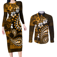 Fiji Masi Paisley With Hibiscus Tapa Couples Matching Long Sleeve Bodycon Dress and Long Sleeve Button Shirt Gold Version LT01 Gold - Polynesian Pride