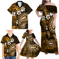 Fiji Masi Paisley With Hibiscus Tapa Family Matching Off Shoulder Maxi Dress and Hawaiian Shirt Gold Version LT01 - Polynesian Pride