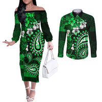 Fiji Masi Paisley With Hibiscus Tapa Couples Matching Off The Shoulder Long Sleeve Dress and Long Sleeve Button Shirt Green Version LT01 Green - Polynesian Pride