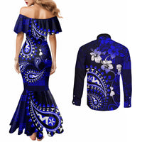 Fiji Masi Paisley With Hibiscus Tapa Couples Matching Mermaid Dress and Long Sleeve Button Shirt Navy Blue Version LT01 - Polynesian Pride