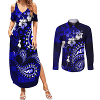 Fiji Masi Paisley With Hibiscus Tapa Couples Matching Summer Maxi Dress and Long Sleeve Button Shirt Navy Blue Version LT01 Blue - Polynesian Pride
