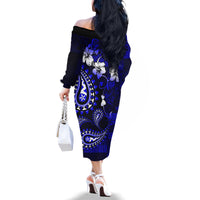 Fiji Masi Paisley With Hibiscus Tapa Family Matching Off Shoulder Long Sleeve Dress and Hawaiian Shirt Navy Blue Version LT01 - Polynesian Pride