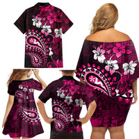Fiji Masi Paisley With Hibiscus Tapa Family Matching Off Shoulder Short Dress and Hawaiian Shirt Pink Version LT01 - Polynesian Pride