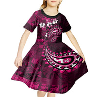 Fiji Masi Paisley With Hibiscus Tapa Kid Short Sleeve Dress Pink Version LT01 - Polynesian Pride