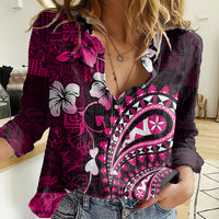 Fiji Masi Paisley With Hibiscus Tapa Women Casual Shirt Pink Version LT01 Female Pink - Polynesian Pride