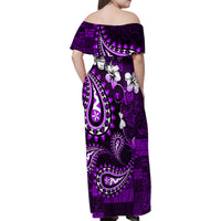 Fiji Masi Paisley Family Matching Off Shoulder Maxi Dress and Hawaiian Shirt Fijian Hibiscus Tapa Purple Version LT01 - Polynesian Pride