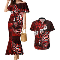 Fiji Masi Paisley Couples Matching Mermaid Dress and Hawaiian Shirt Fijian Hibiscus Tapa Red Version LT01 Red - Polynesian Pride