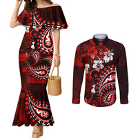 Fiji Masi Paisley Couples Matching Mermaid Dress and Long Sleeve Button Shirt Fijian Hibiscus Tapa Red Version LT01 Red - Polynesian Pride