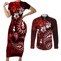 Fiji Masi Paisley Couples Matching Short Sleeve Bodycon Dress and Long Sleeve Button Shirt Fijian Hibiscus Tapa Red Version LT01 Red - Polynesian Pride