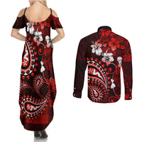 Fiji Masi Paisley Couples Matching Summer Maxi Dress and Long Sleeve Button Shirt Fijian Hibiscus Tapa Red Version LT01 - Polynesian Pride