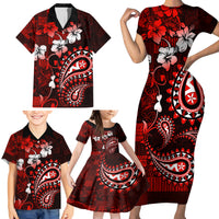 Fiji Masi Paisley Family Matching Short Sleeve Bodycon Dress and Hawaiian Shirt Fijian Hibiscus Tapa Red Version LT01 - Polynesian Pride