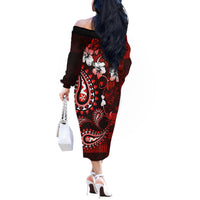 Fiji Masi Paisley Off The Shoulder Long Sleeve Dress Fijian Hibiscus Tapa Red Version LT01 - Polynesian Pride