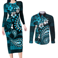 Fiji Masi Paisley Couples Matching Long Sleeve Bodycon Dress and Long Sleeve Button Shirt Fijian Hibiscus Tapa Sky Blue Version LT01 Blue - Polynesian Pride