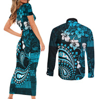 Fiji Masi Paisley Couples Matching Short Sleeve Bodycon Dress and Long Sleeve Button Shirt Fijian Hibiscus Tapa Sky Blue Version LT01 - Polynesian Pride