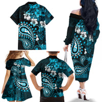 Fiji Masi Paisley Family Matching Off Shoulder Long Sleeve Dress and Hawaiian Shirt Fijian Hibiscus Tapa Sky Blue Version LT01 - Polynesian Pride
