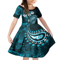 Fiji Masi Paisley Kid Short Sleeve Dress Fijian Hibiscus Tapa Sky Blue Version LT01 KID Blue - Polynesian Pride