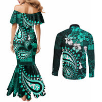 Fiji Masi Paisley Couples Matching Mermaid Dress and Long Sleeve Button Shirt Fijian Hibiscus Tapa Turquoise Version LT01 - Polynesian Pride